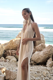 Saya Dress in Organic Cotton and Linen, Featuring Shimmering Trims and Adjustable Shoulder Straps for Elegant Versatility.